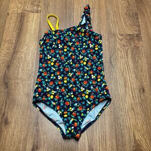 Lands End Girls Blue Red Yellow Floral Micro Print One Piece Swim Suit Size 7
